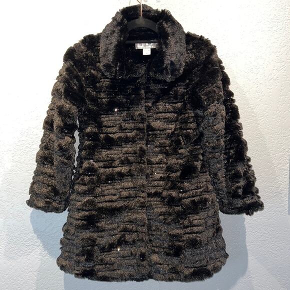 Widgeon Girls Black Super Soft Faux Fur Jacket with Sequins & Pockets - Size M - Picture 1 of 6